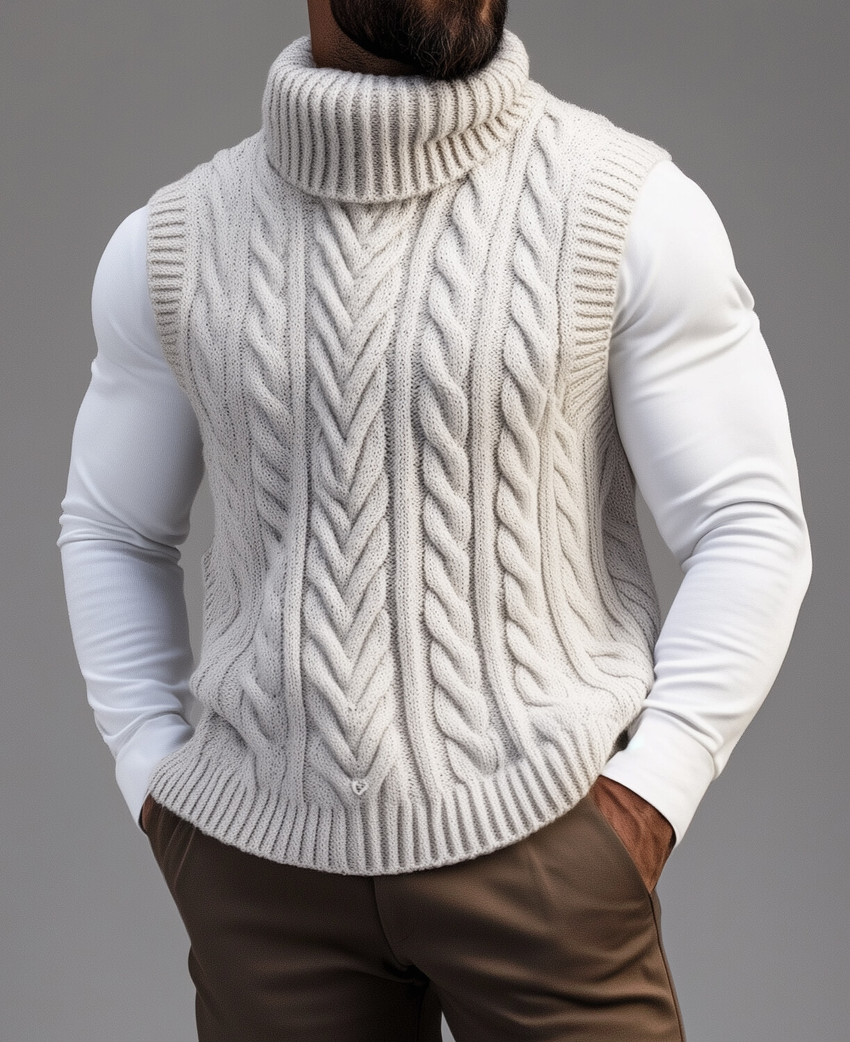 Okaywear Solid Turtleneck Sleeveless Cable Knit Vest