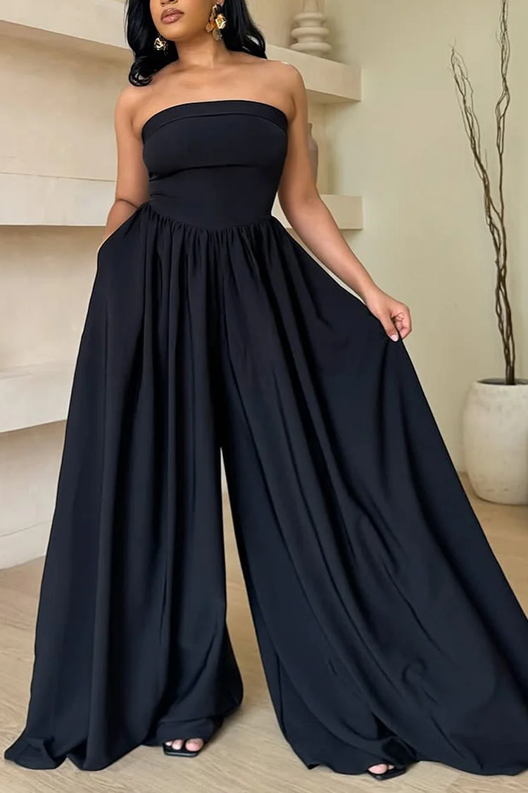 Plus Size Vacation Black Sundress Pocket Wide Leg Jumpsuits [Pre-Order] 2024 - Xpluswear