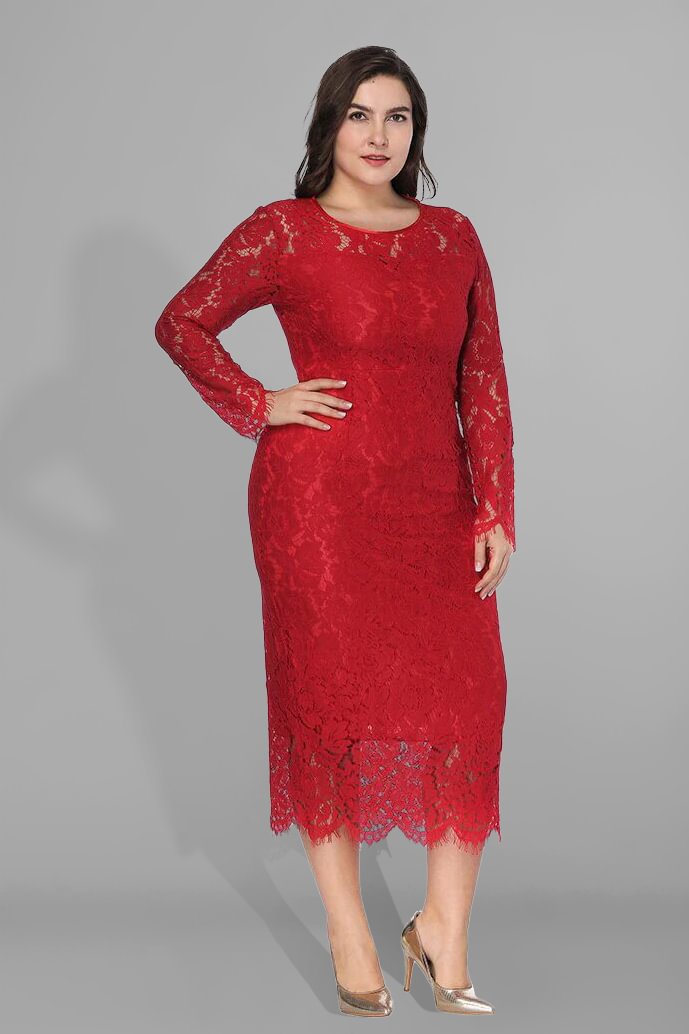 Plus Size Mother Of The Bride Red Lace Round Neck Long Sleeve Bodycon Tea-Length Dress  Flycurvy [product_label]
