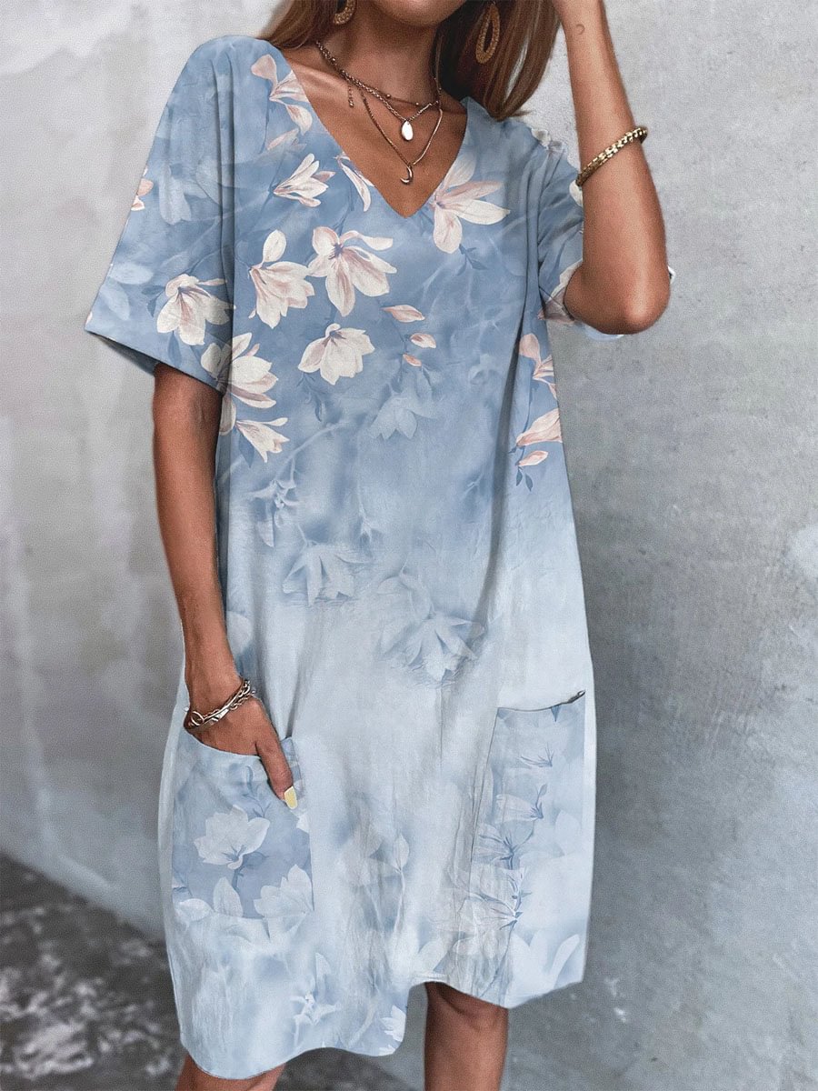 V-neck Floral Print Two-pocket Short-sleeve Short Dress