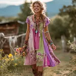 Women's Floral Color Block Round Neck Short Sleeve Dress - Image 3