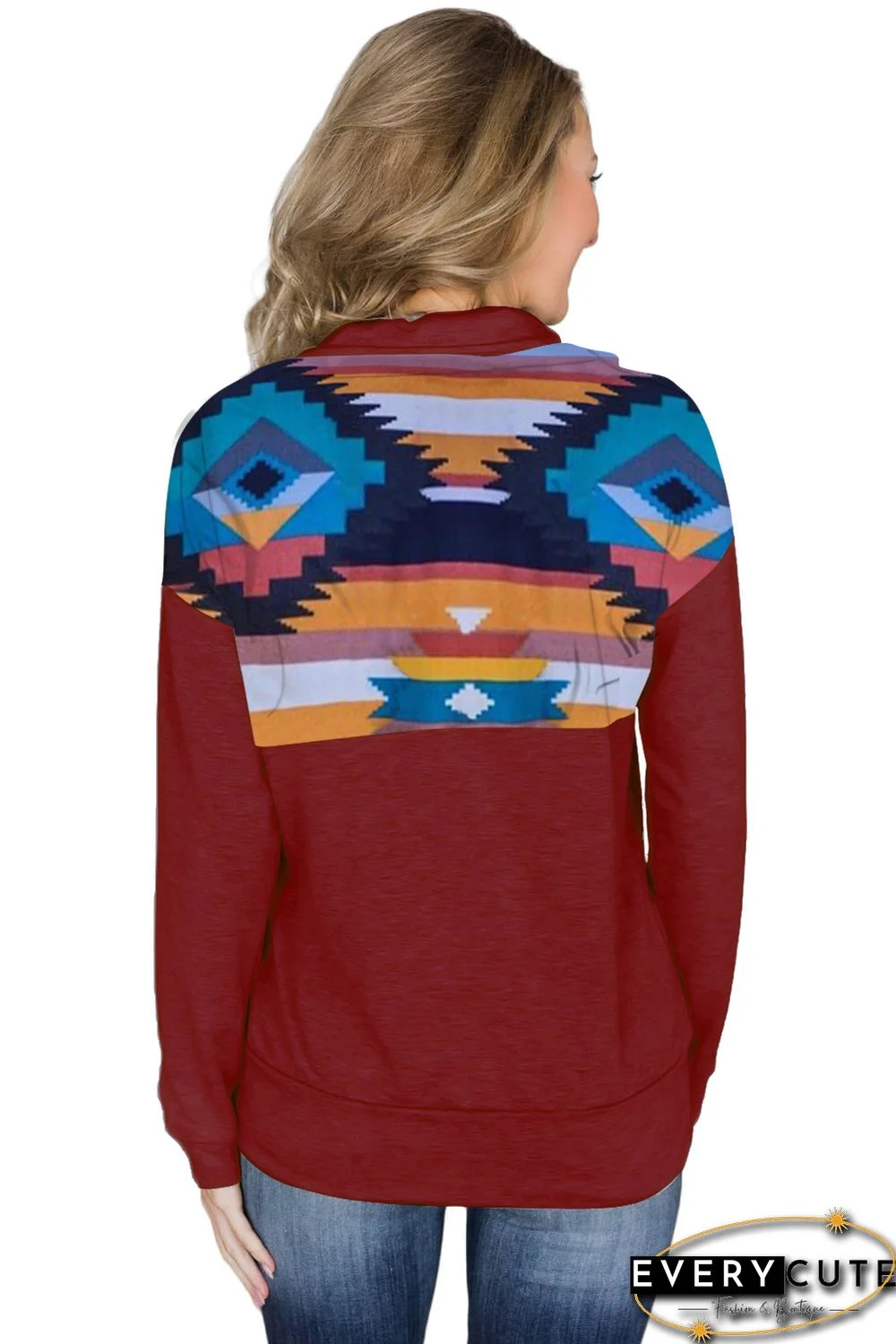 Red Turn Down Collar Zip Tribal Print Sweatshirt