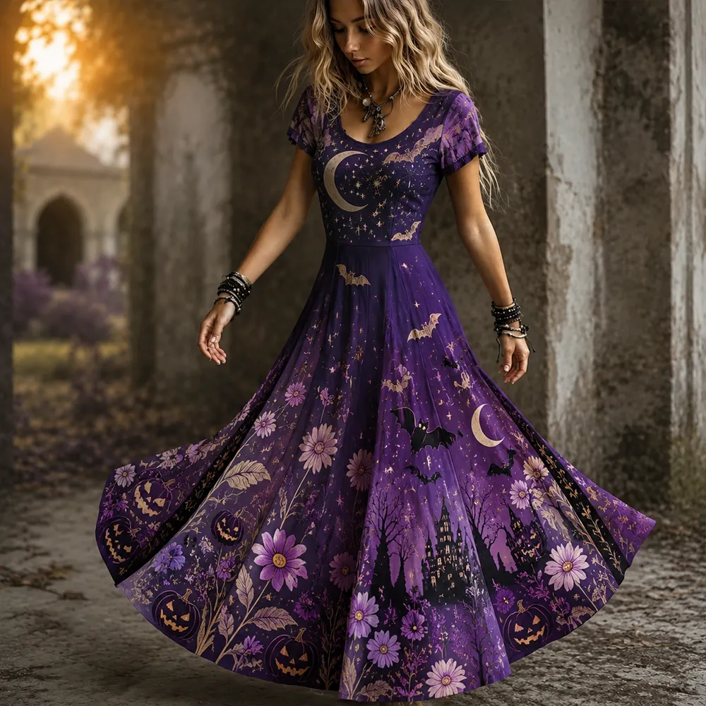 Comstylish Women's Gothic Purple Floral, Pumpkin, Moon And Haunted House Print Maxi Dress
