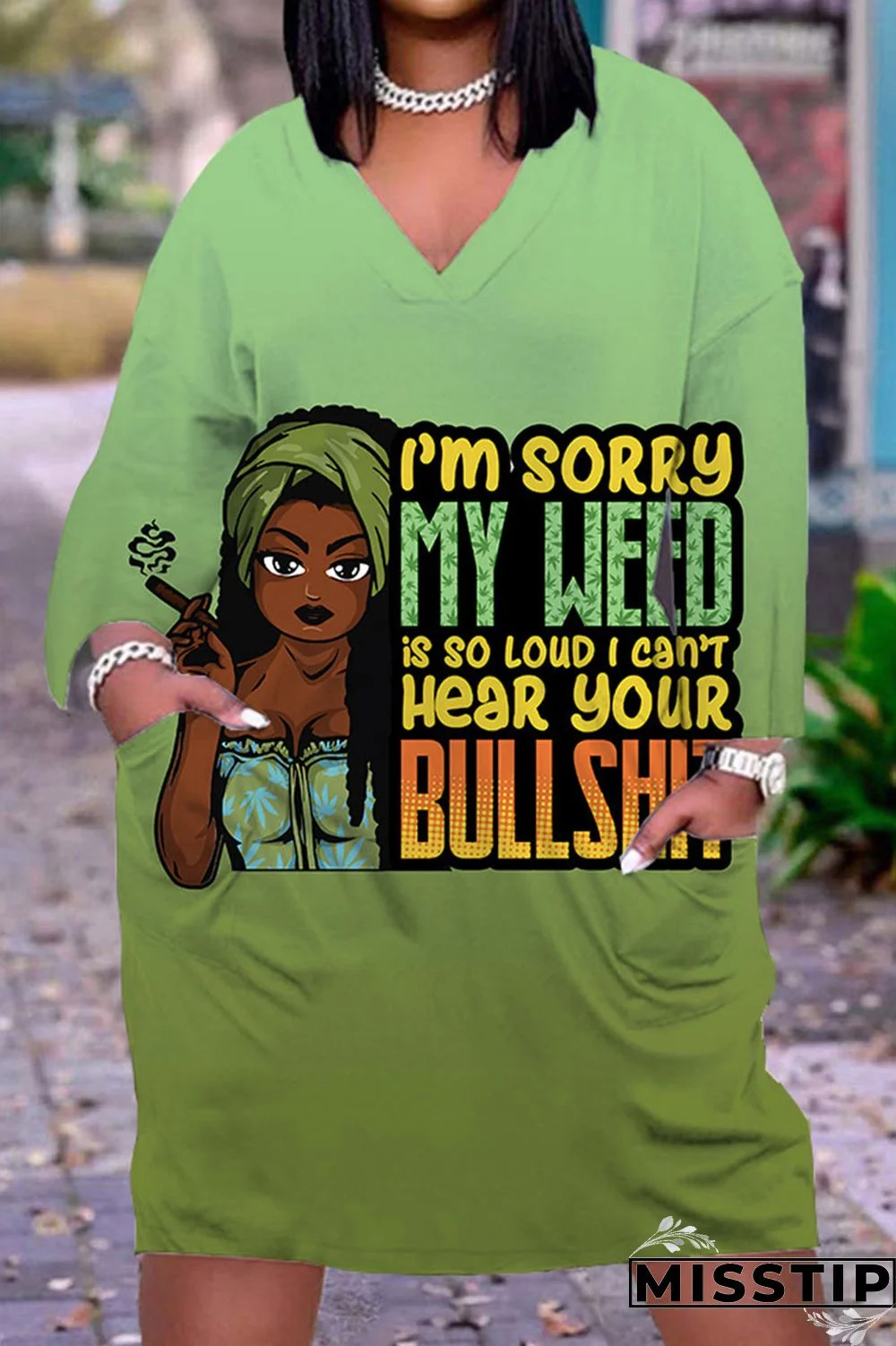 Green Yellow Casual Print Patchwork V Neck Straight Dresses