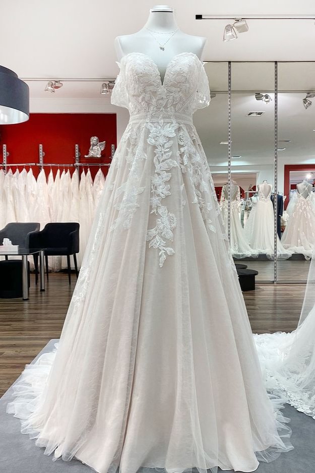 Pretty Long A-line Off-the-shoulder Tulle Lace Wedding Dress With Appliques | Ballbellas Ballbellas