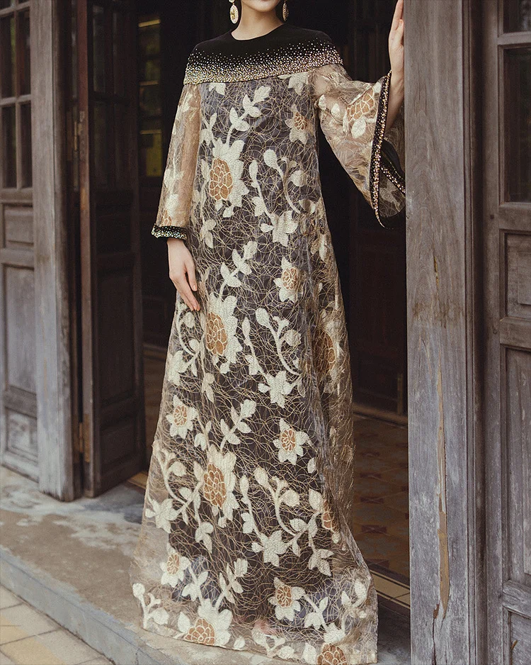 Women's Round Neck Trumpet Sleeve Mesh Embroidery Dress