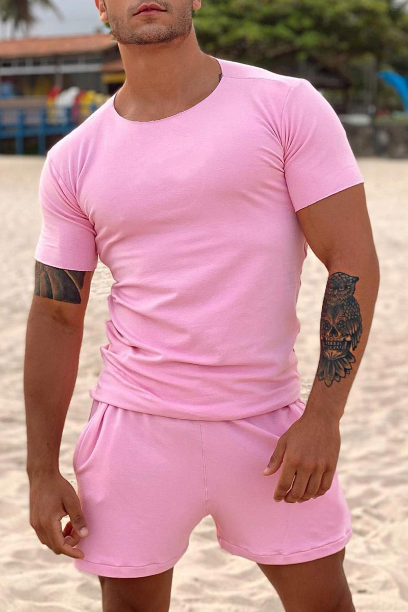 Men's Casual Slim Fit T-Shirt Shorts Pink Two Piece Set