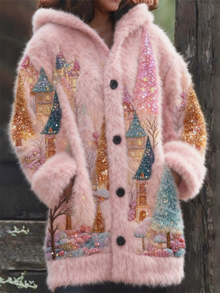 Colorful Glitter Christmas Trees Landscape Cozy Hooded Cardigan elevenforest