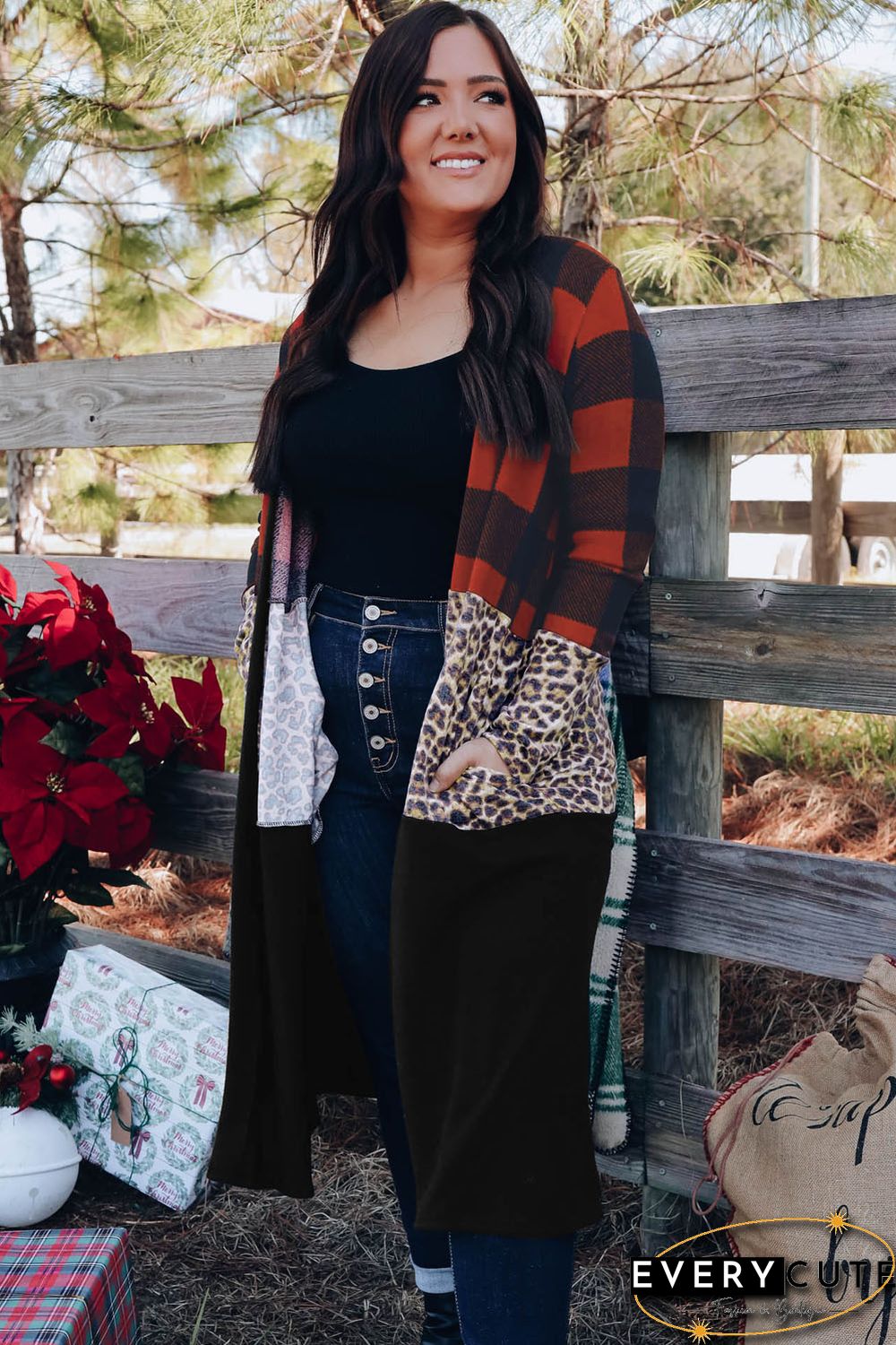 Red Buffalo Plaid Leopard Colorblock Plus Size Duster Cardigan