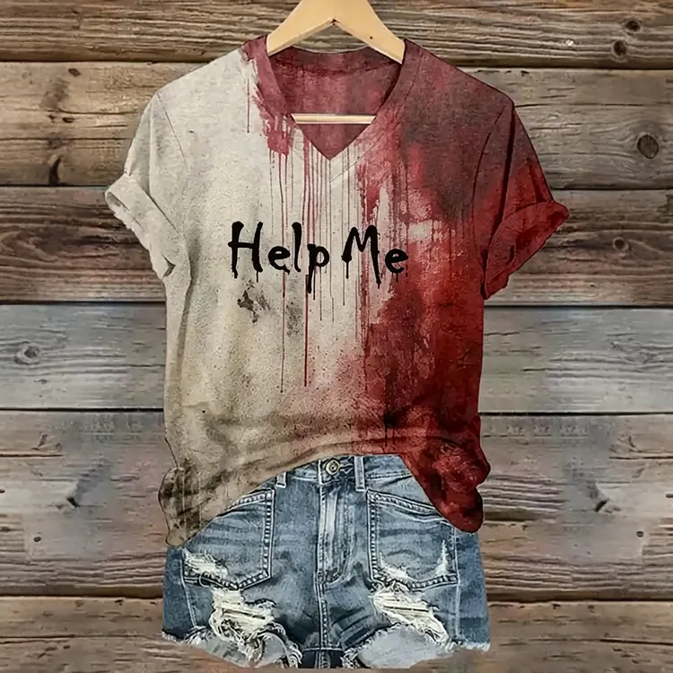 Women's Vintage Bloody Help Me Halloween Art Printed Short Sleeve T-shirt