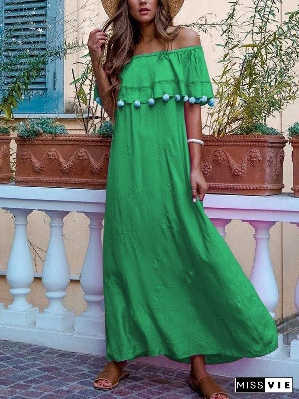 Elegant Off Shoulder Loose Flowing Solid Maxi Dresses