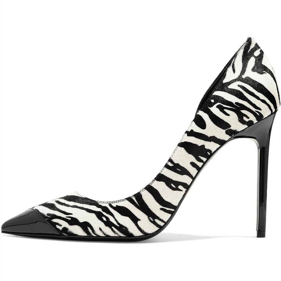 Black and White Zebra Pointy Toe Stiletto Heels Pumps Office Shoes Nicepairs