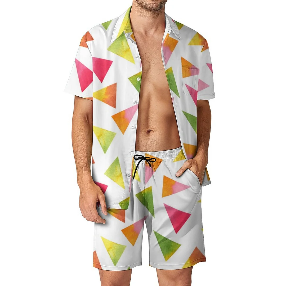 Colorful Geometric Shapes Triangles Men Hawaiian Button Down 2 Piece Shirt Shorts Set Beach Tropical Hawaii Suits