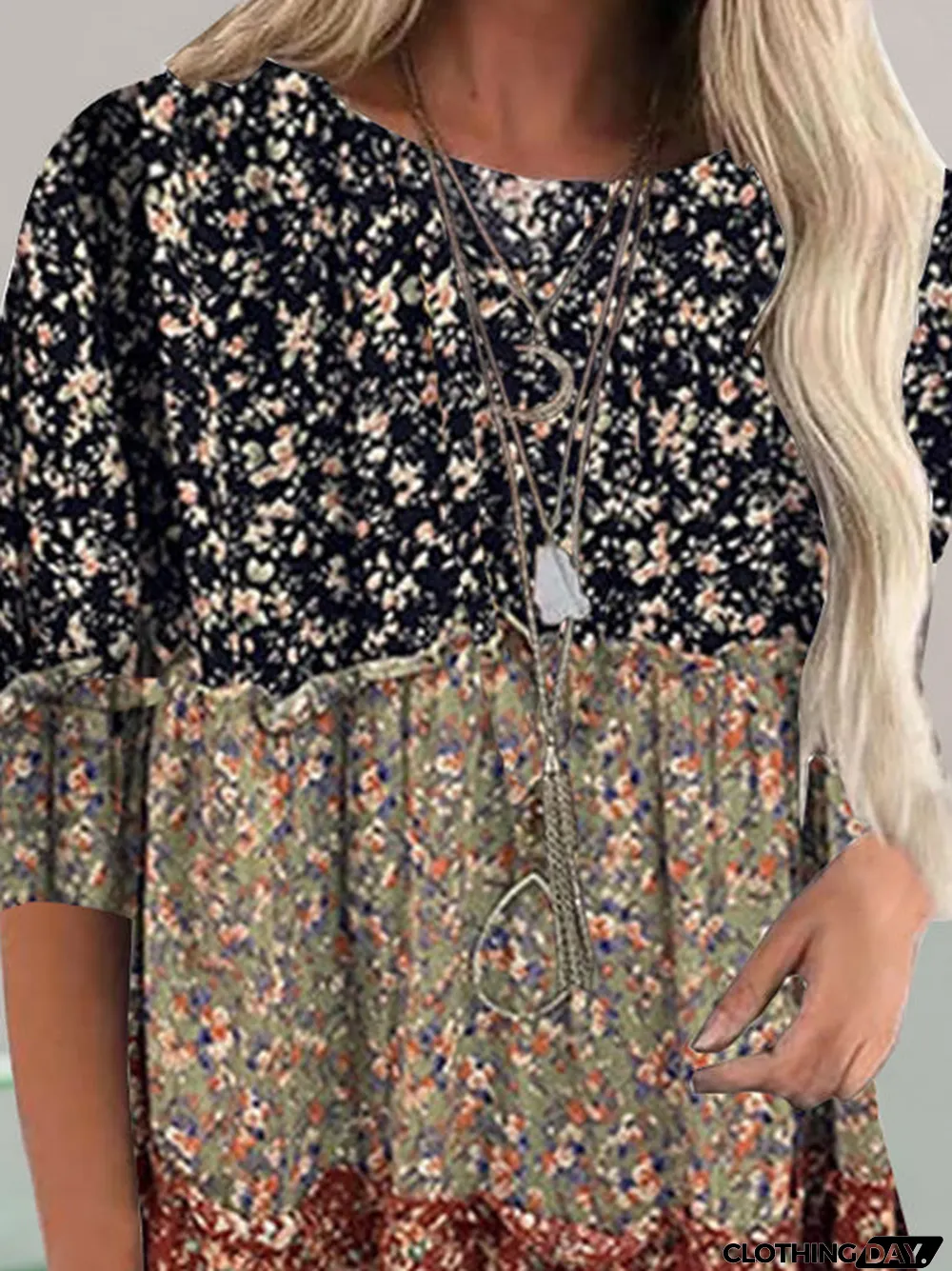 Women Long Sleeve Scoop Neck Floral Printed Graphic Stitching Tops