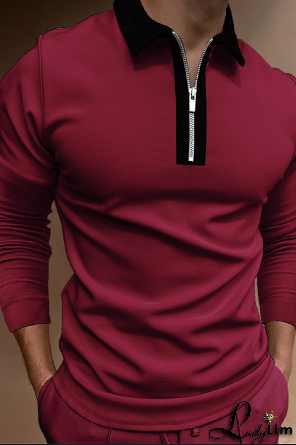 Dark Gray Fashion Casual Patchwork Contrast Zipper POLO collar Tops