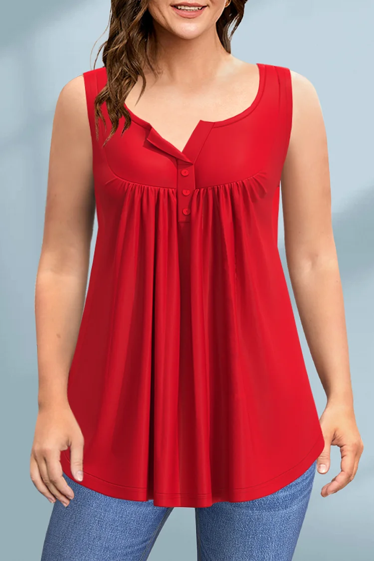 Flycurvy Plus Size Casual Red Stitching Pleated Button Tank Top  Flycurvy [product_label]