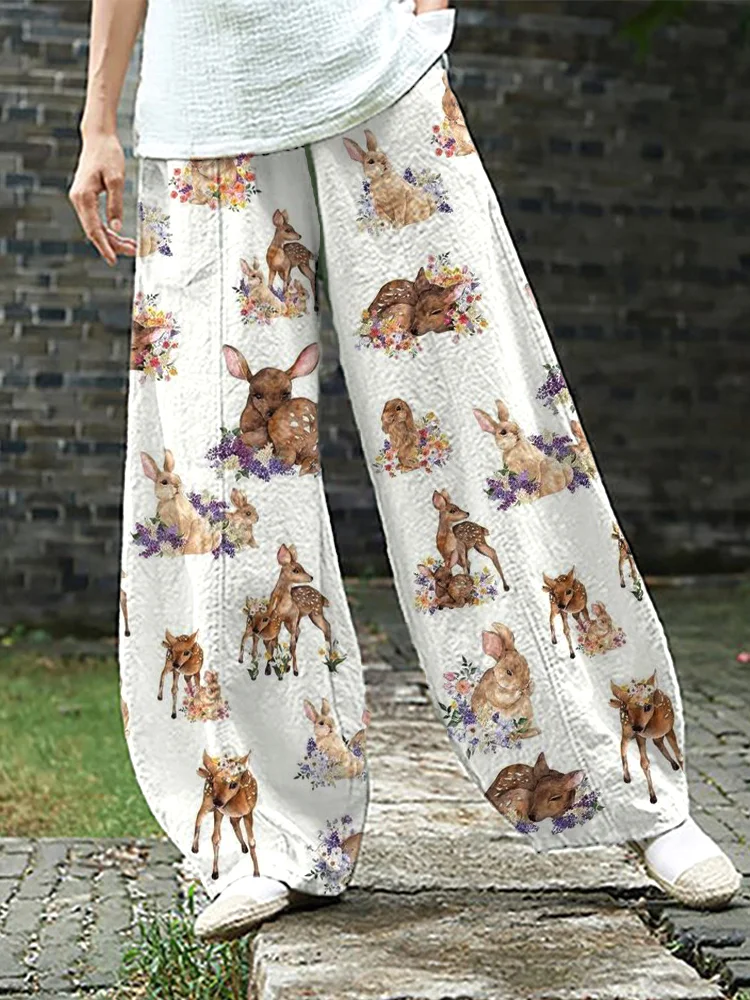 Cute Deer & Rabbit Printed Cotton Linen Pants