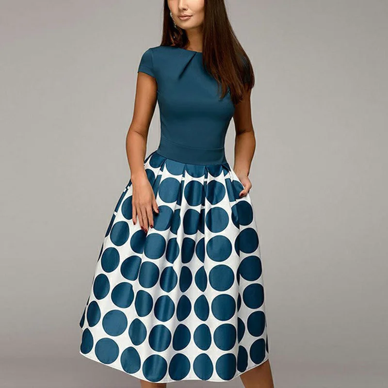 Elegant Polka Dot Stitching Midi Dress