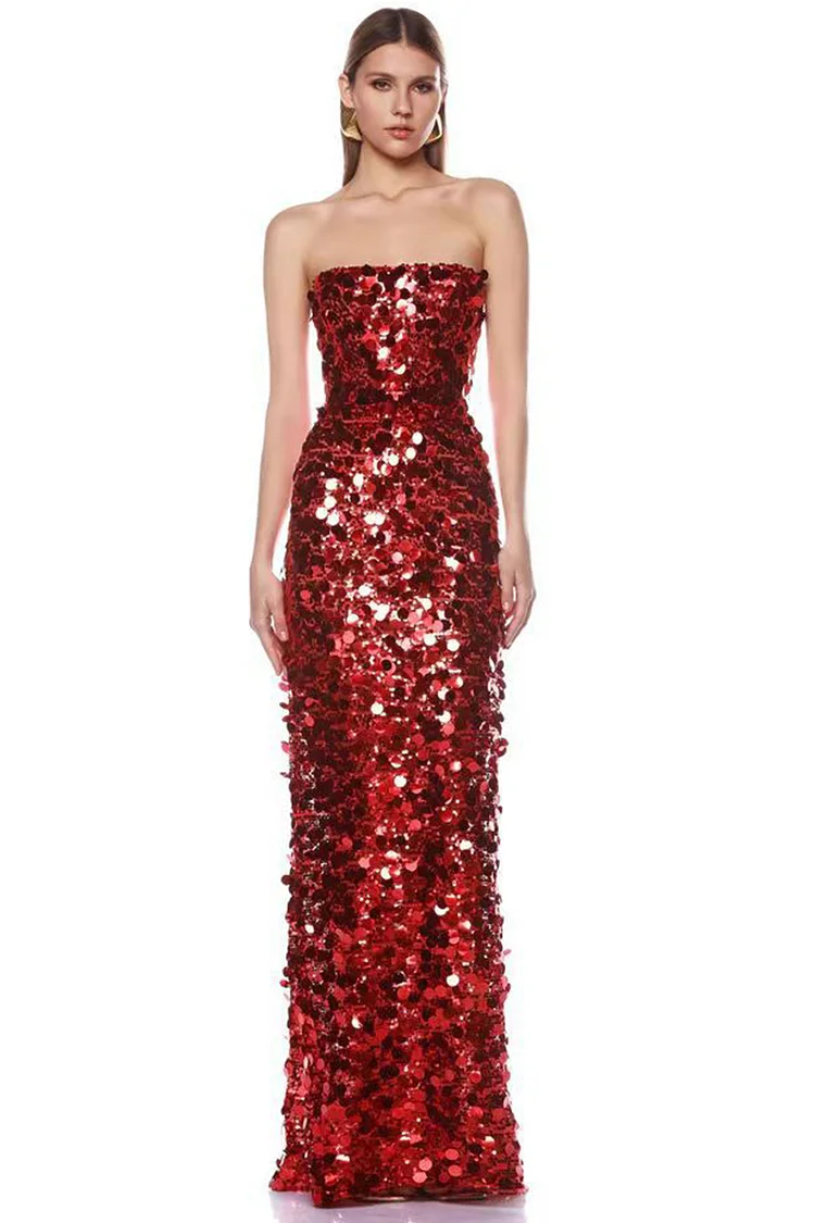Sequined Strapless Maxi Dress-Red