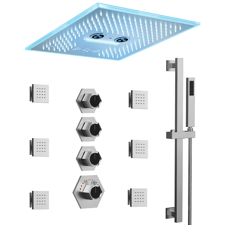 EVERSTEIN 16 in LED Thermostatic Shower System with Body Jets Brushed Nickel