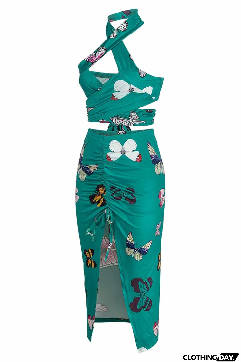 Green Fashion Street Print Patchwork Halter Sleeveless Two Pieces