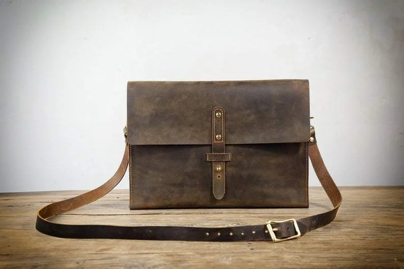 Rustic distressed leather crossbody bag , slim leather computer laptop bag for men , brown leather shoulder messenger bag.