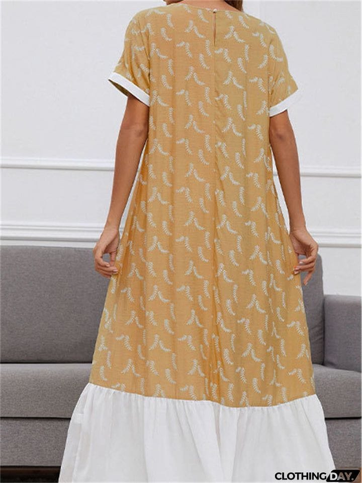 Round Neck Printed Contrast Color Long Dresses