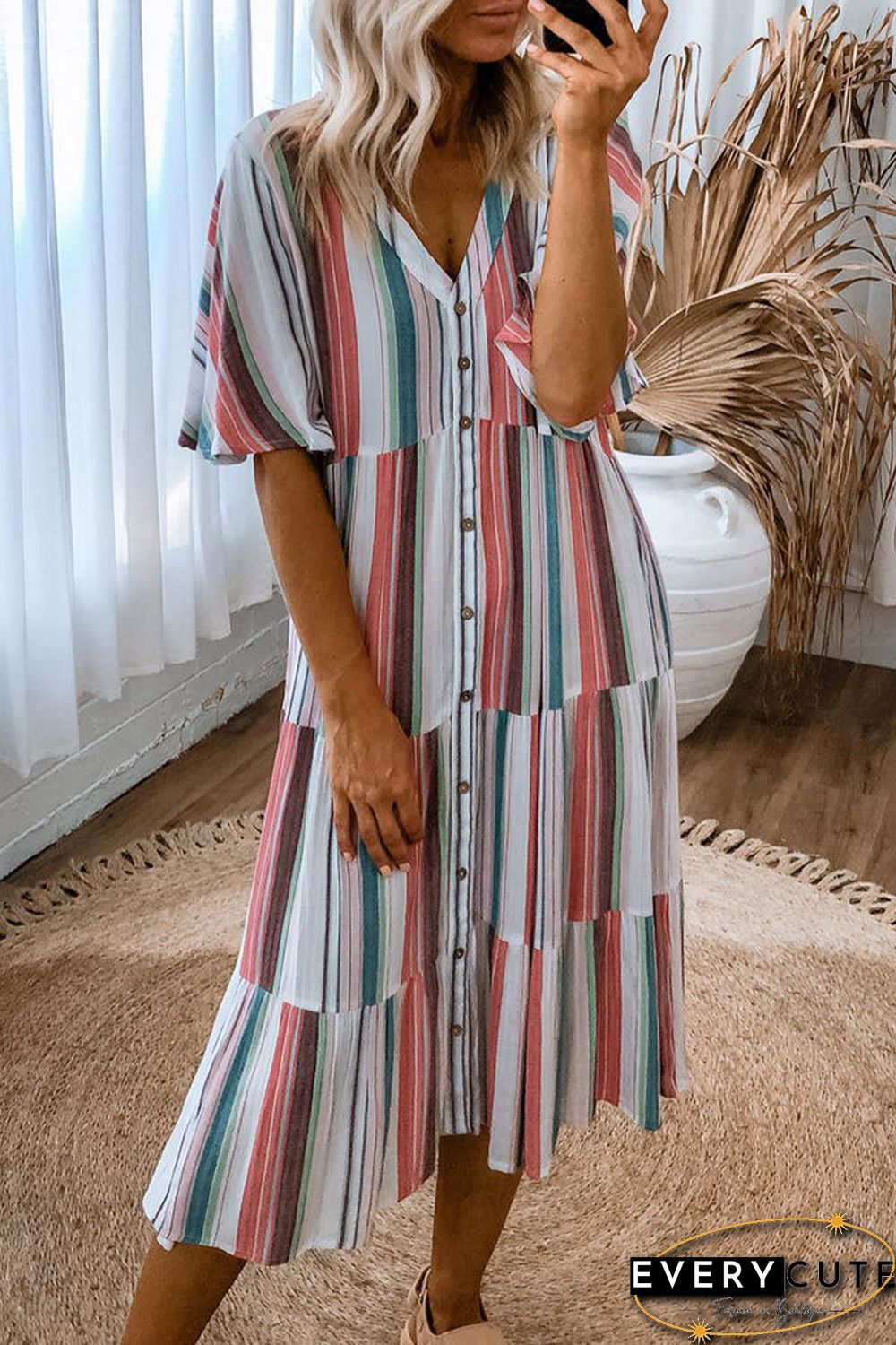 Serape Striped V Neck Buttoned Shirt Dress