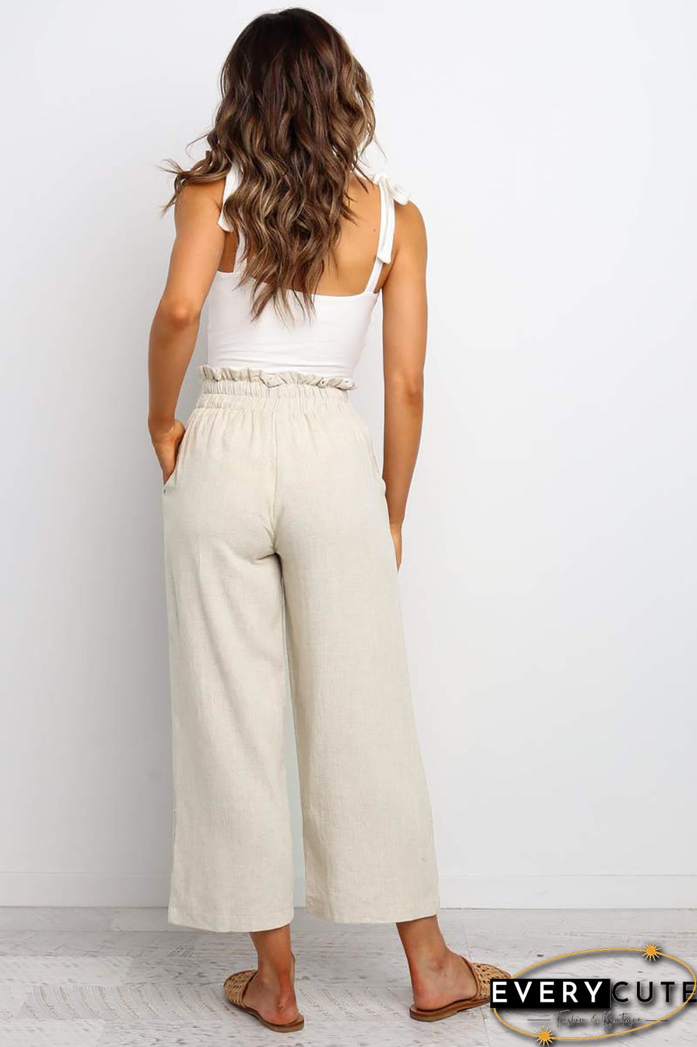 Khaki Paperbag Waist Straight Leg Cropped Pants