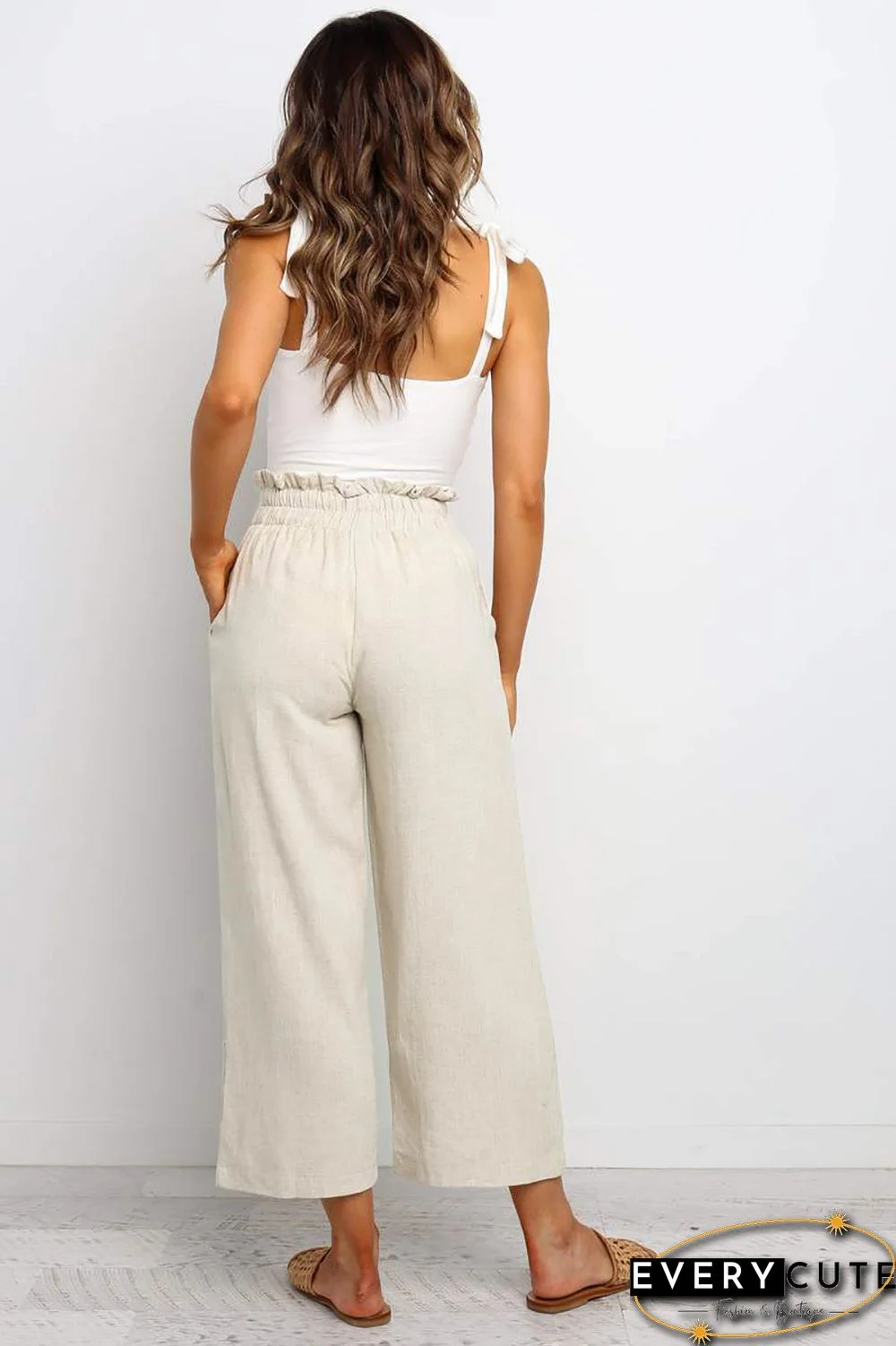 Khaki Paperbag Waist Straight Leg Cropped Pants