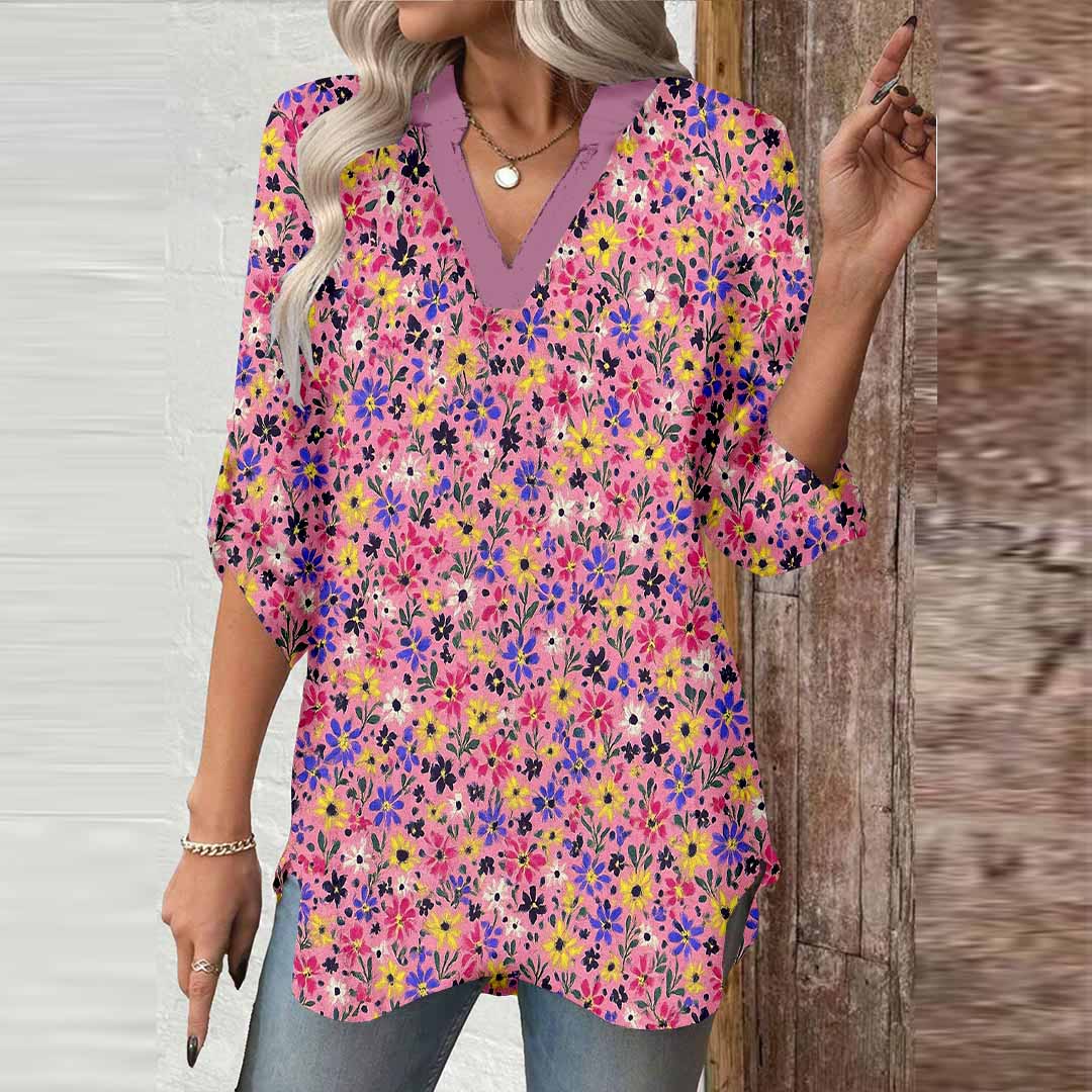 Women Floral,  Red,  Purple DZGA0417 3/4 Sleeve V-neck Printed Graphic Button Tops