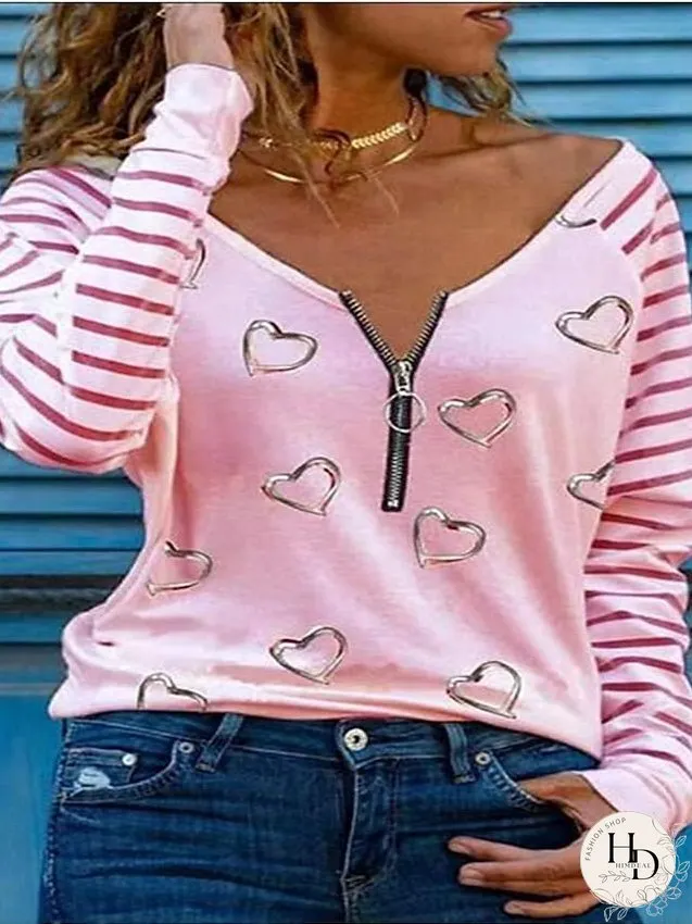 Blouse Pink Khaki Dark Gray Heart Zipper Long Sleeve Daily Going out Casual V Neck Loose Fit S for Women