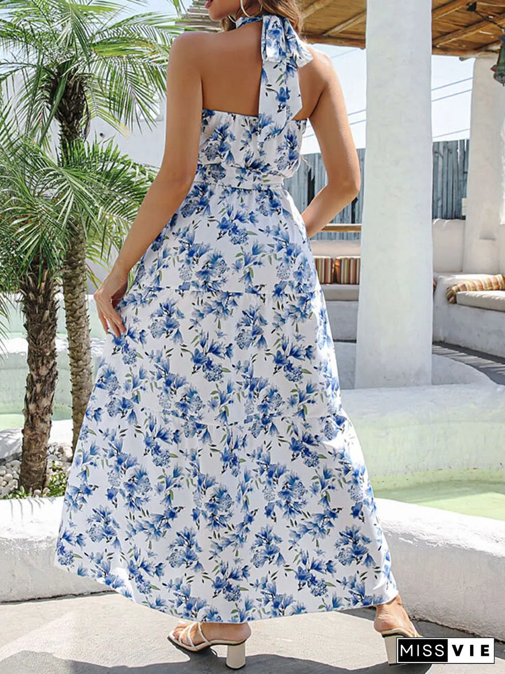 Flower Print Belt Self Tie Halter Open Back Maxi Dress