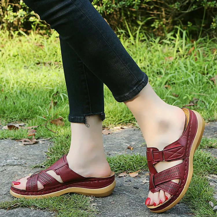 Breakj Breakj Women's Slippers Summer Large-Size Slope Heel Sandals Hollow Cross Lady Explosion