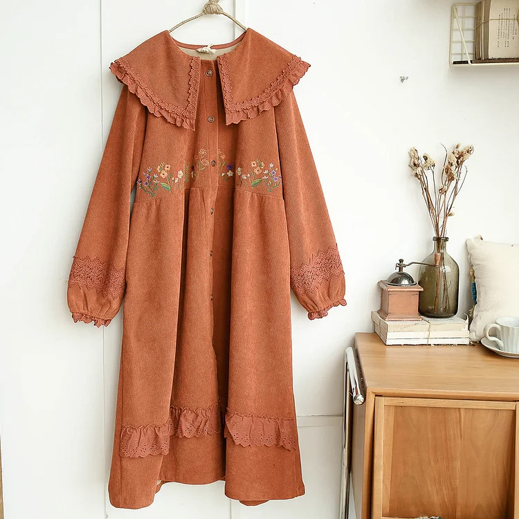 Queenfunky cottagecore style Cute Embroidered Fleece Lined Corduroy Coat QueenFunky
