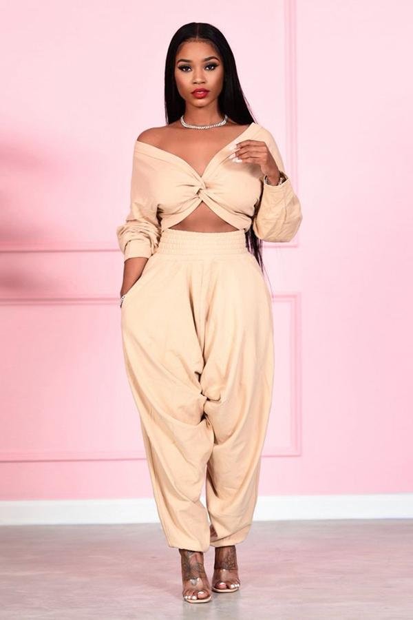 Two-Piece V-Neck Cross Top Solid Color Pants Set