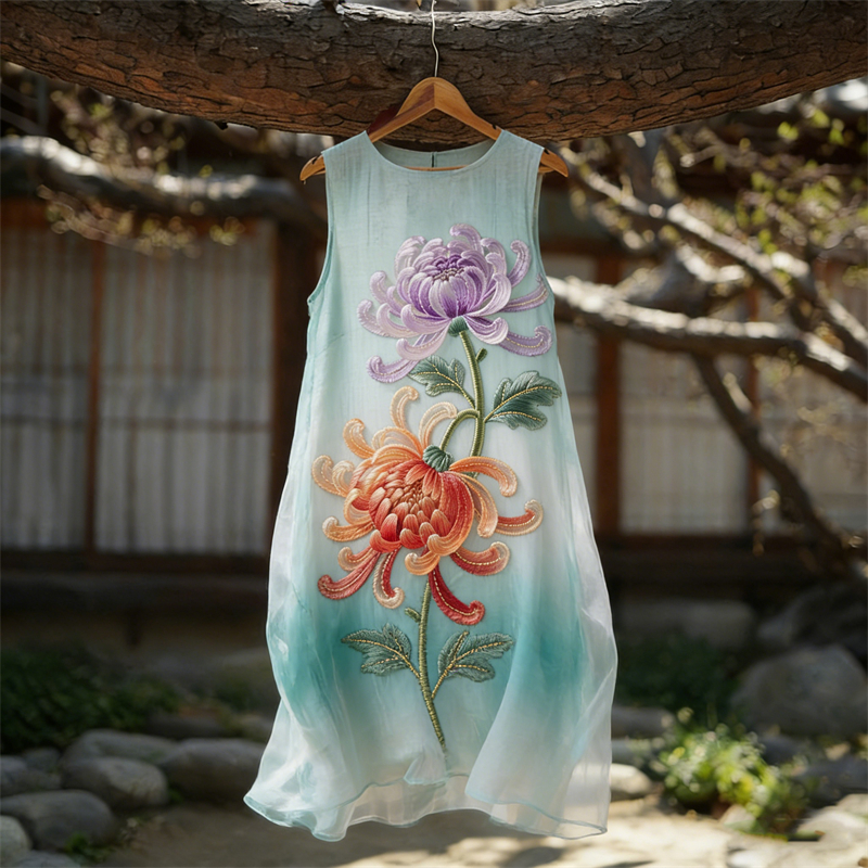 Classy Chrysanthemum Gradient Flowy Linen Tank Dress wearshes
