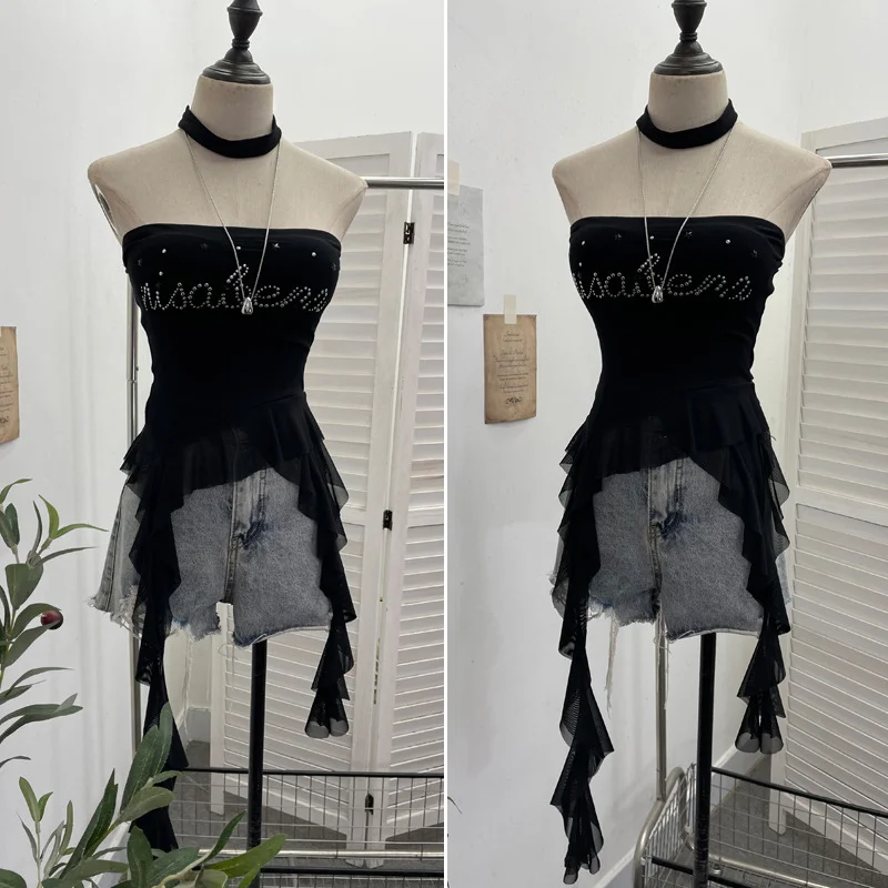 Nigikala Nigikala Shooting Hottie Letter Hot Diamond With Chest Pads To Wear Chest Vest Irregular Mesh Ribbon Hanging Neck Sleeveless Top 2729