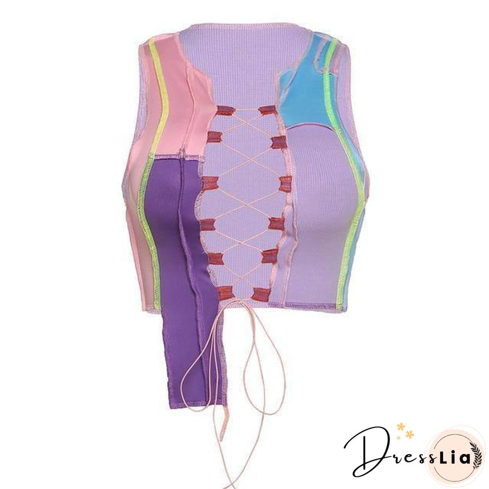 Simenual Women Patchwork Asymmetrical Top Summer Fashion Lace Up Tie Front Crop Tops Bodycon Hollow Out Sexy Hot Club Tanks