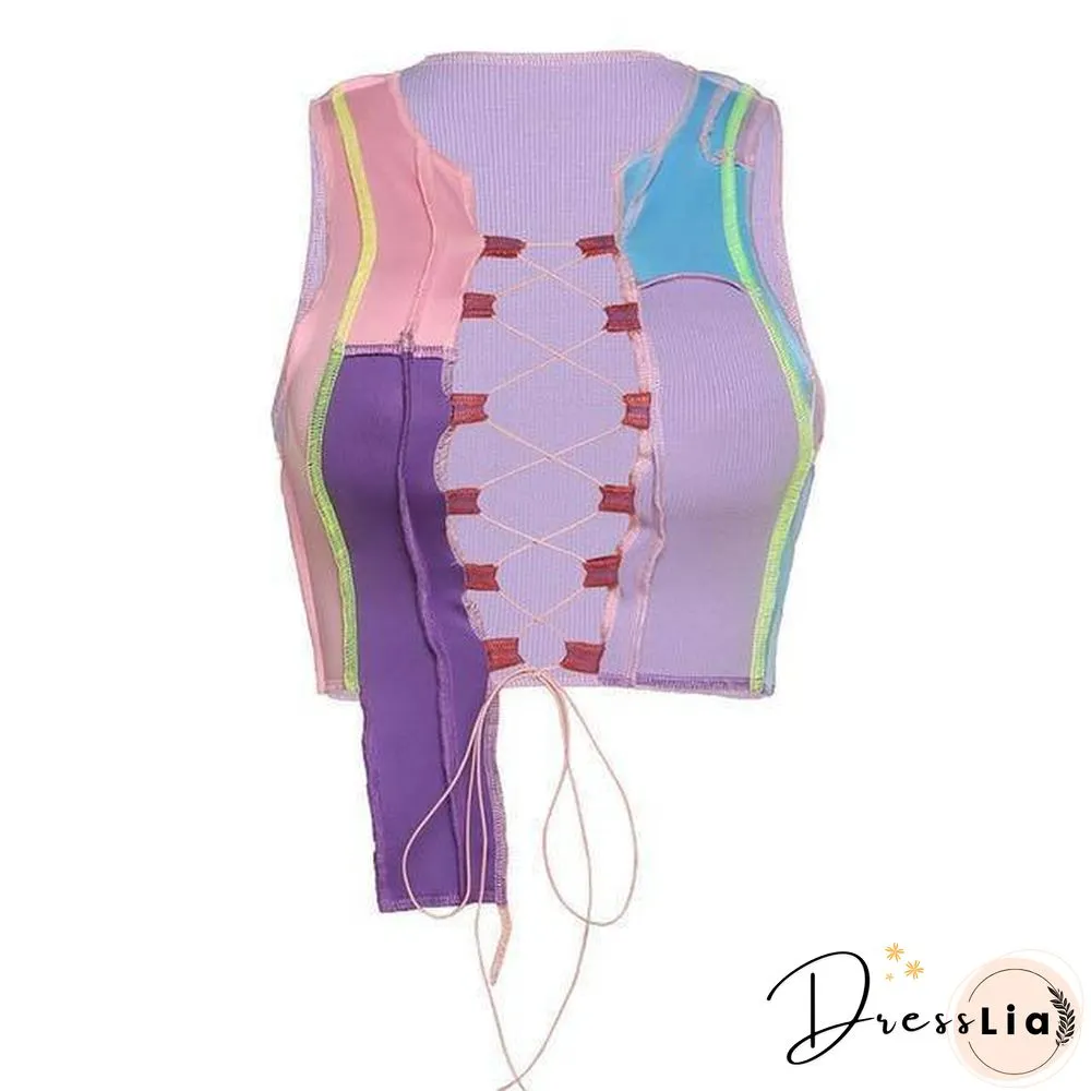 Simenual Women Patchwork Asymmetrical Top Summer Fashion Lace Up Tie Front Crop Tops Bodycon Hollow Out Sexy Hot Club Tanks