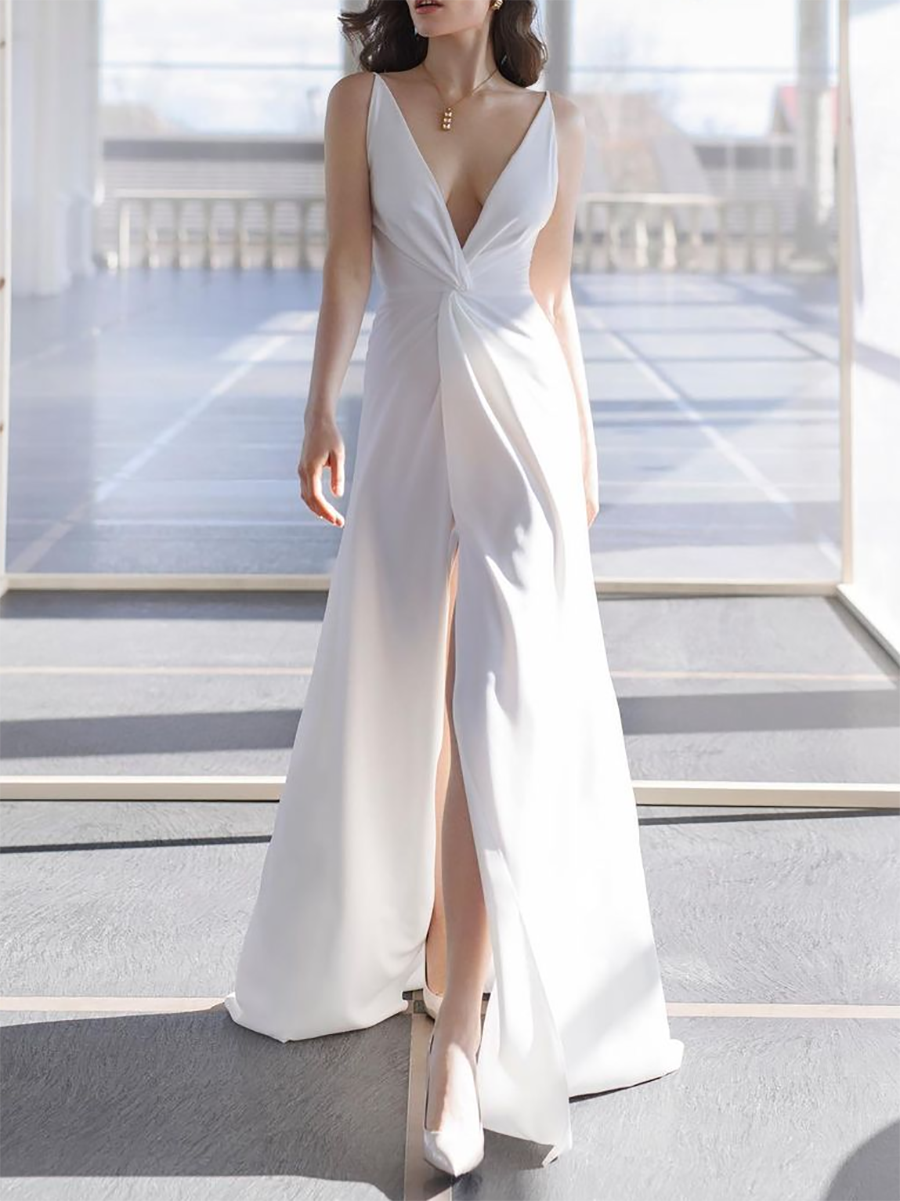 White V-Neck Sleeveless Twisted Dress
