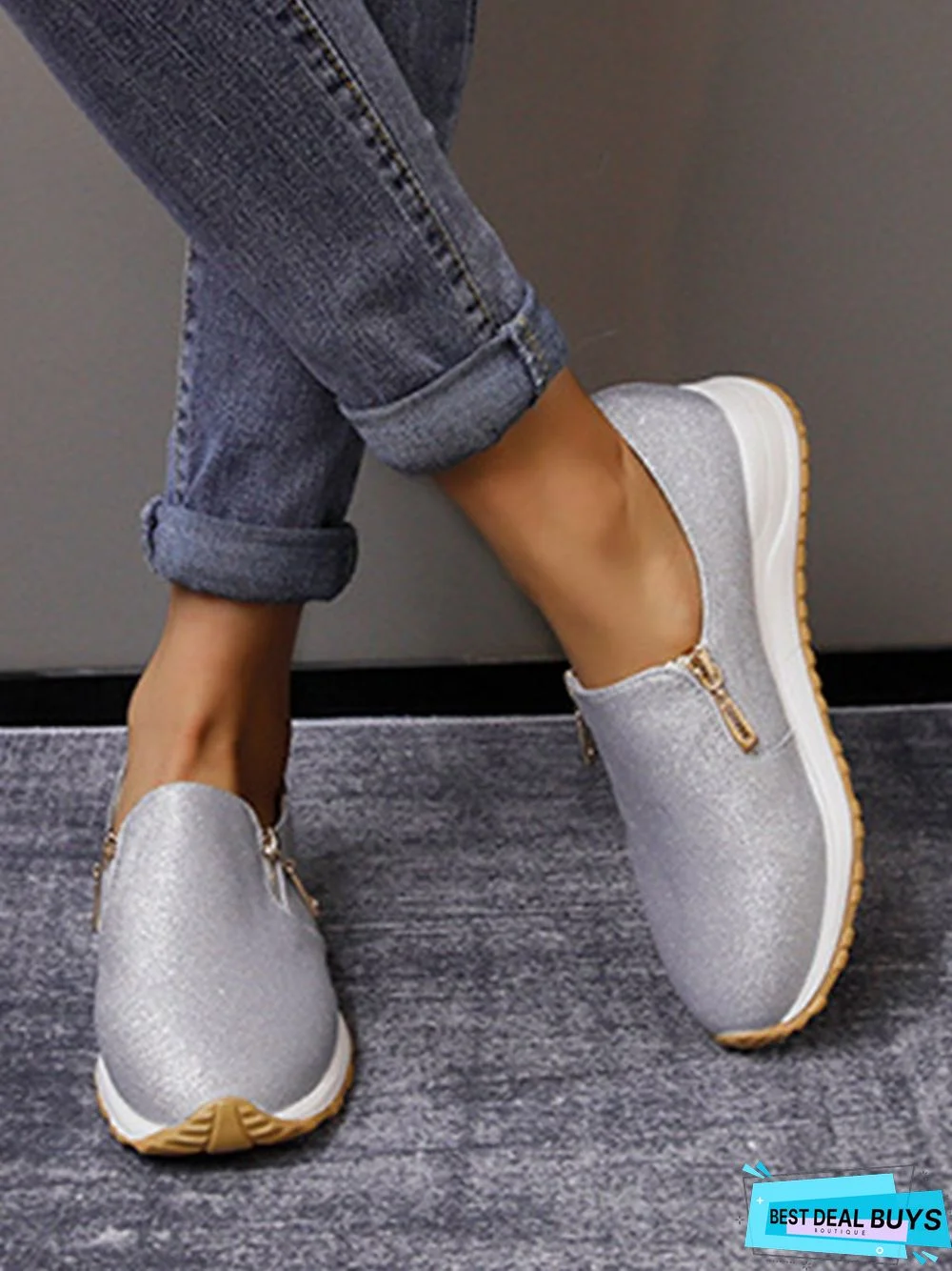 Lightweight Soft Sole Zip Glitter Casual Sneakers