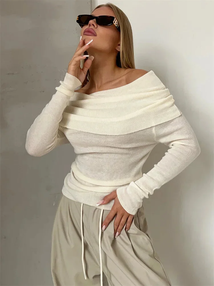 Oocharger Off-Shoulder Sexy Knit Pullover Sweater For Women Mesh See-Through Long Sleeve Backless Y2k Top Fashion Knitwear Pullover