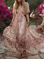 Bohemian Pink Embroidered Floral Breathable V-neck Short Sleeve Dress