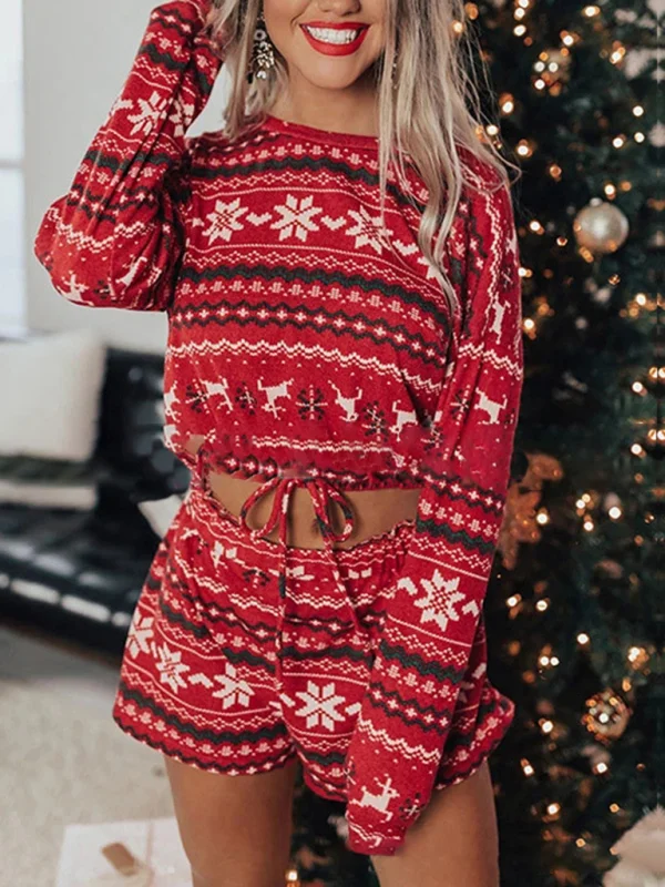 Women's Christmas long-sleeved sweatshirt shorts set Flusfy