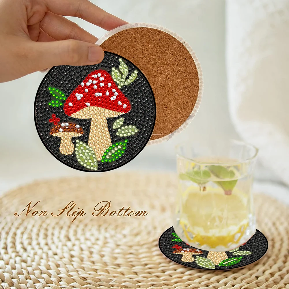 6pcs DIY Mushroom Acrylic Diamond Painting Coasters with Holder Cork Pads