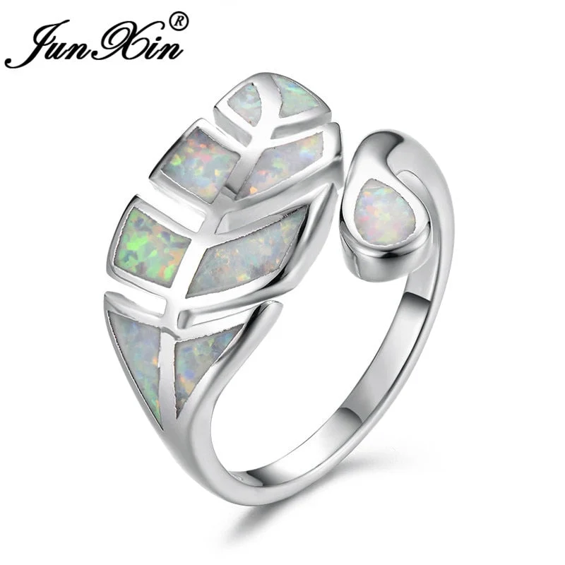 Cute Female Leaf Adjustable Ring Fashion Silver Color Rose Gold Wedding Rings For Women Boho Blue White Green Fire Opal Ring