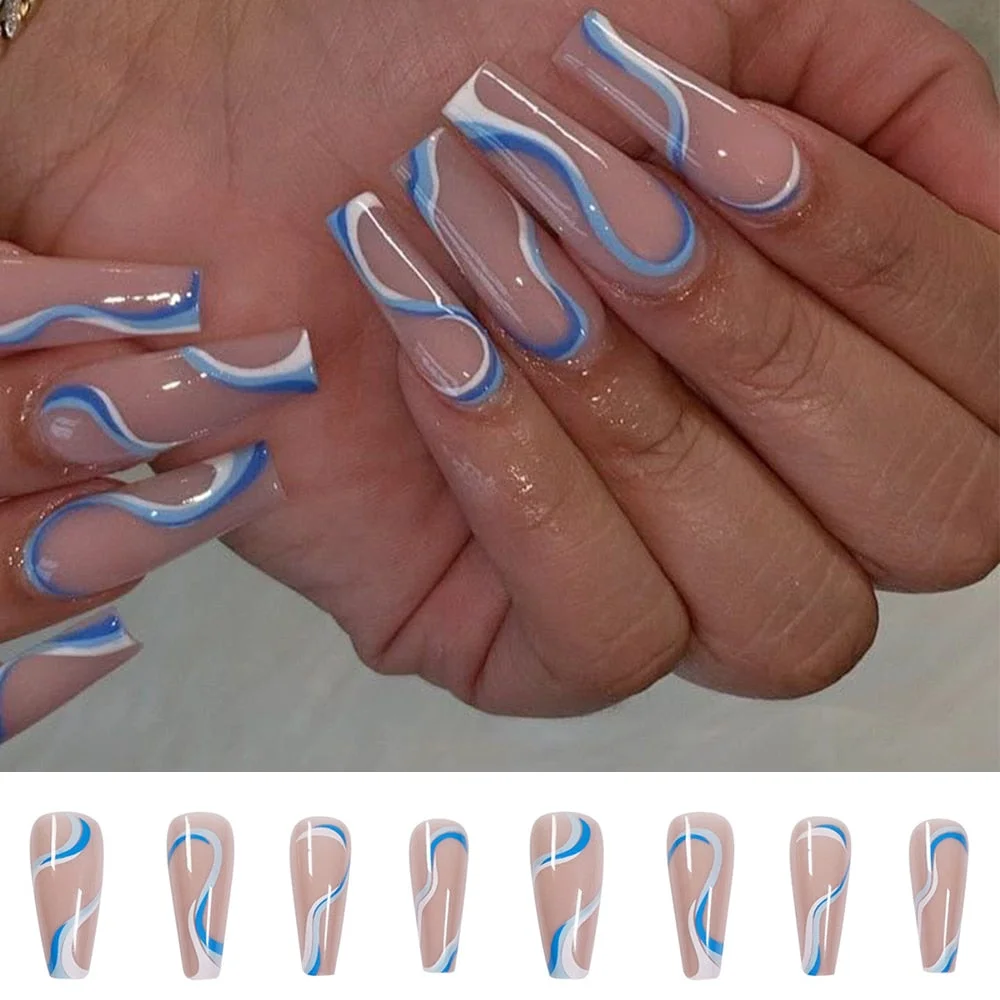 24Pcs Long Coffin False Nails with Colorful Wave Designs Wearable Fake Nail Full Cover Nail Art Tips Press on Nail Manicure Tool 928-3-Nail Inspo