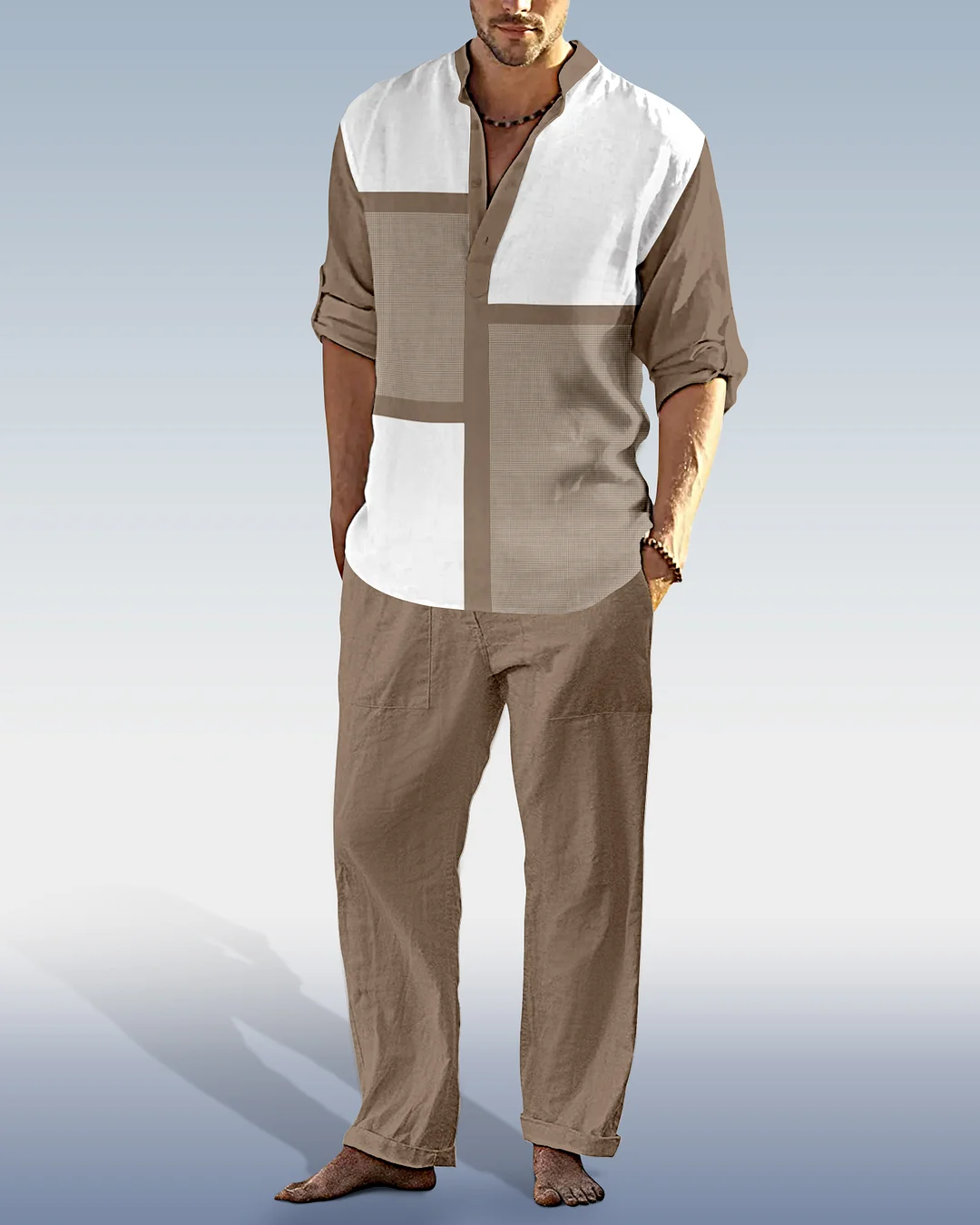 Suitmens Men's Color Matching Casual Cotton Linen Trousers Long Sleeve Set 36
