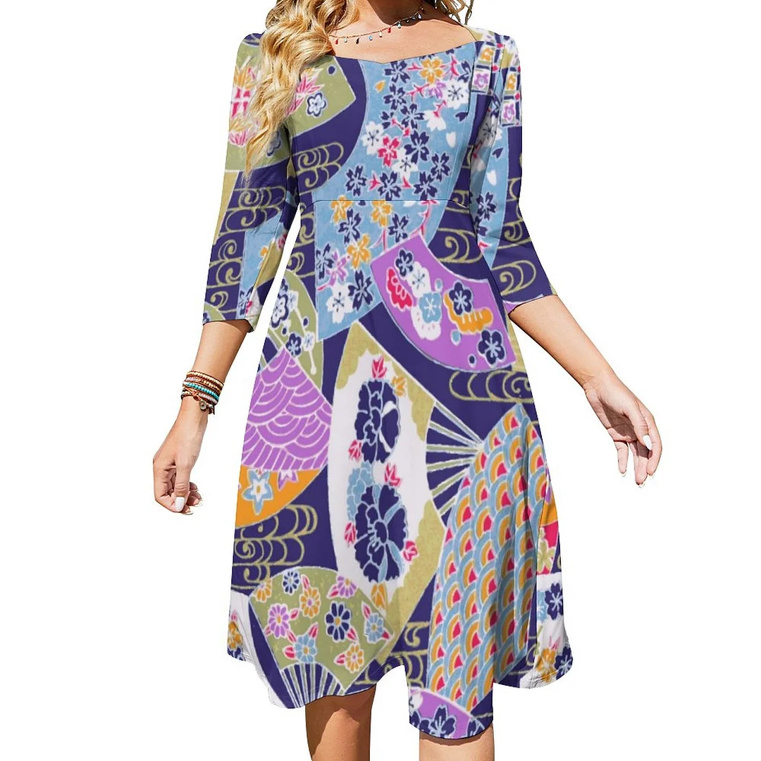 All Over Print Japanese Hand Fan Design Dress Sweetheart Tie Back Flared 3/4 Sleeve Midi Dresses